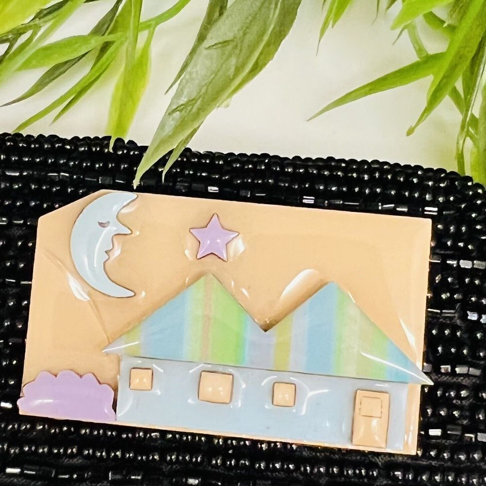 Vintage House Pins By Lucinda Brooch House Star Moon Lilac Blue Tone 4216
